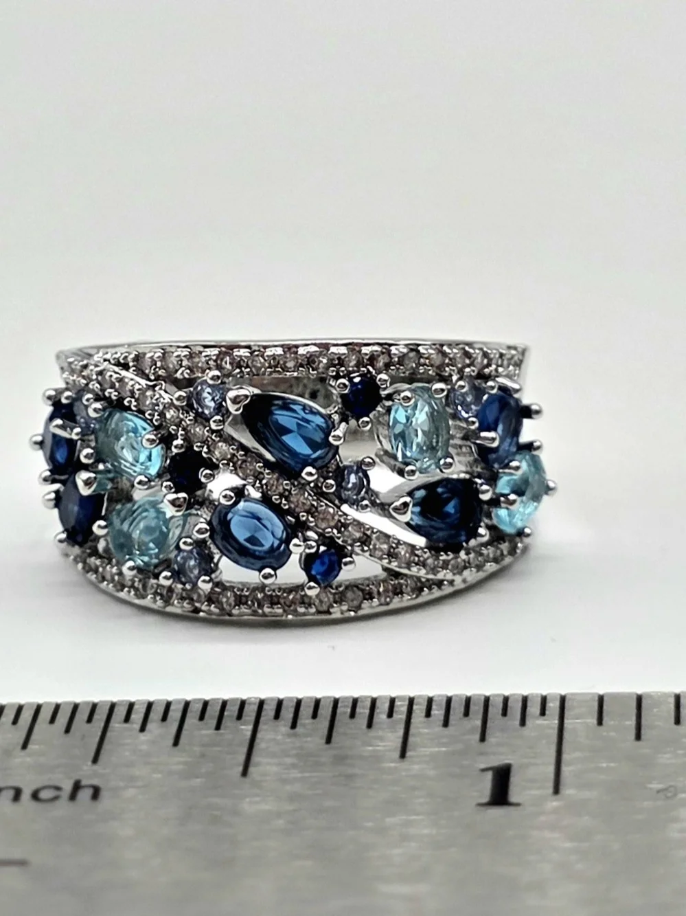 Silver-Filled Blue Multi-Gemstone Zircon Ring Size 7